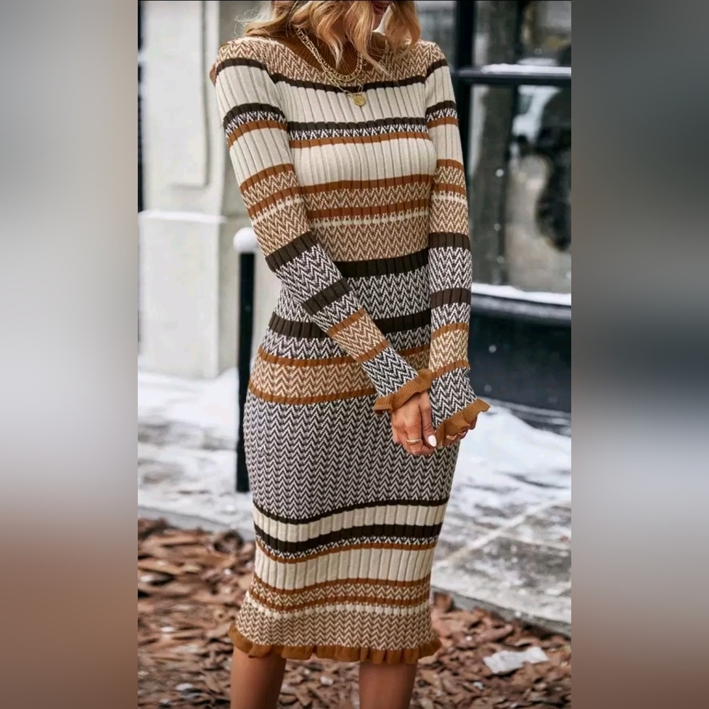 New Chic Striped Ribbed Knit Bodycon Dress Long Sleeve Brown Tan Cream Black - Picture 6 of 10